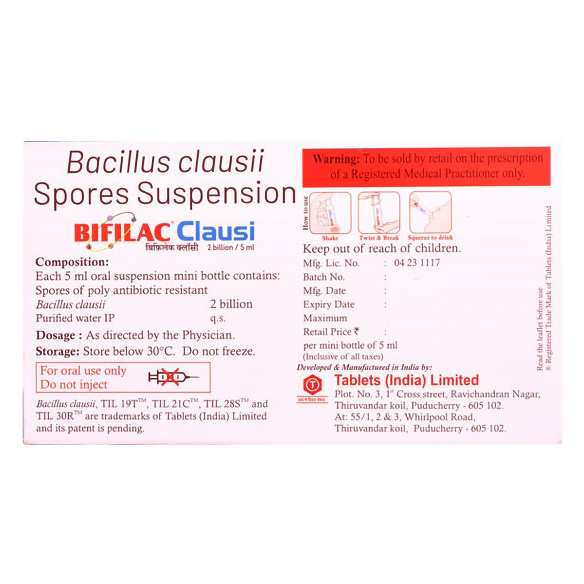 Bifilac Clausi Suspension 10 x 5 ml, Pack of 10 Oral SuspensionS Bifilac Clausi Suspension 10 x 5 ml, Pack of 10 Oral SuspensionS