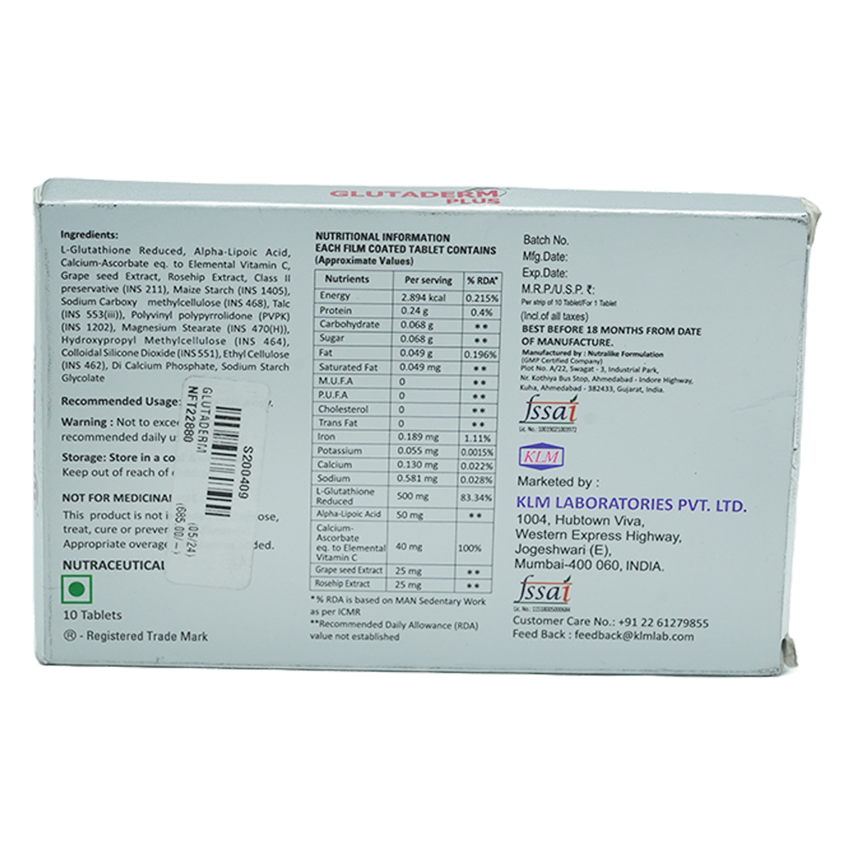 Glutaderm Plus Tablet 10's, Pack of 10 TABLETS Glutaderm Plus Tablet 10's, Pack of 10 TABLETS