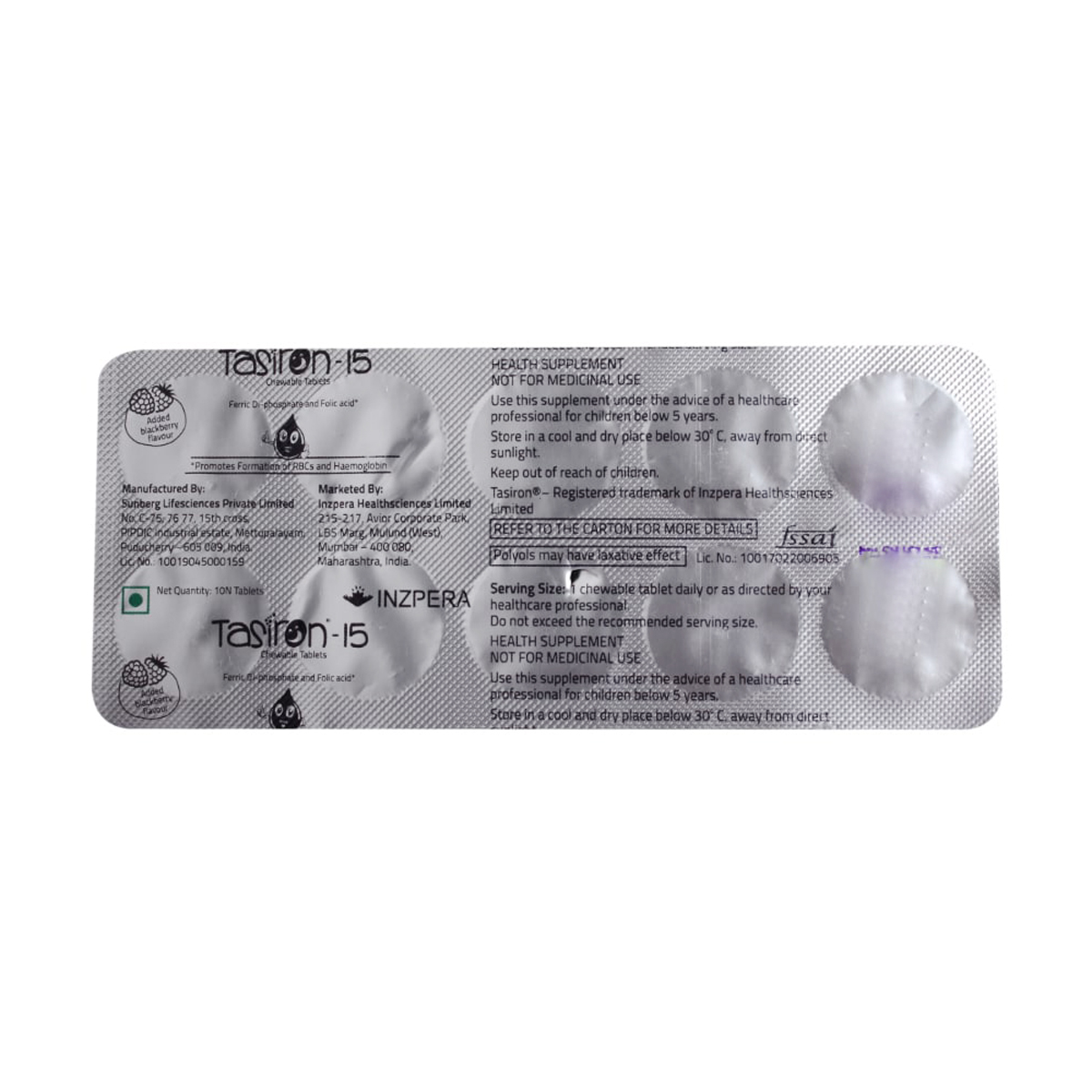 Tasiron-15 Blackberry Chewable Tablet 10's, Pack of 10 TABLETS Tasiron-15 Blackberry Chewable Tablet 10's, Pack of 10 TABLETS