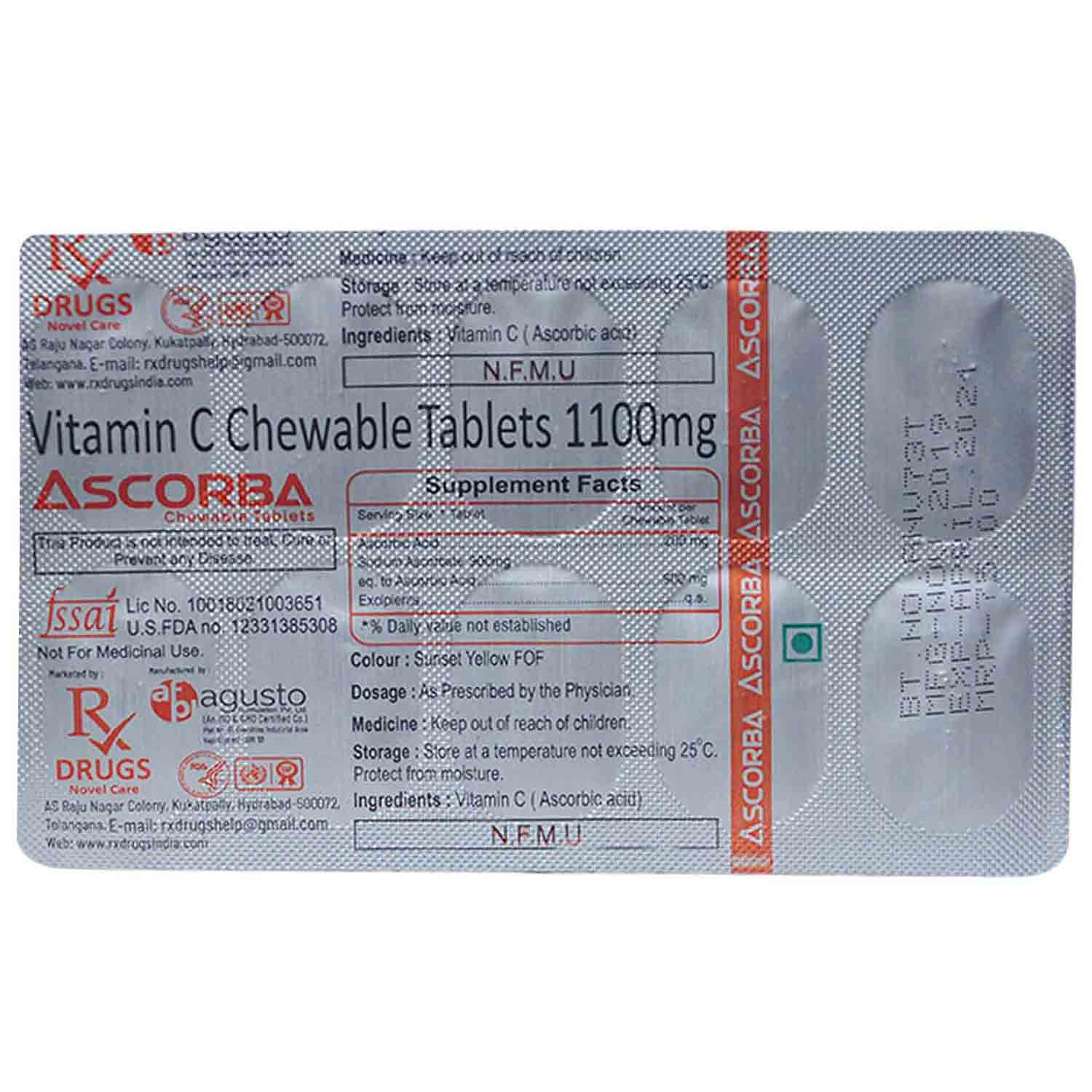 Ascorba 1100 mg Chewable Tablet 10's, Pack of 10 TabletS Ascorba 1100 mg Chewable Tablet 10's, Pack of 10 TabletS