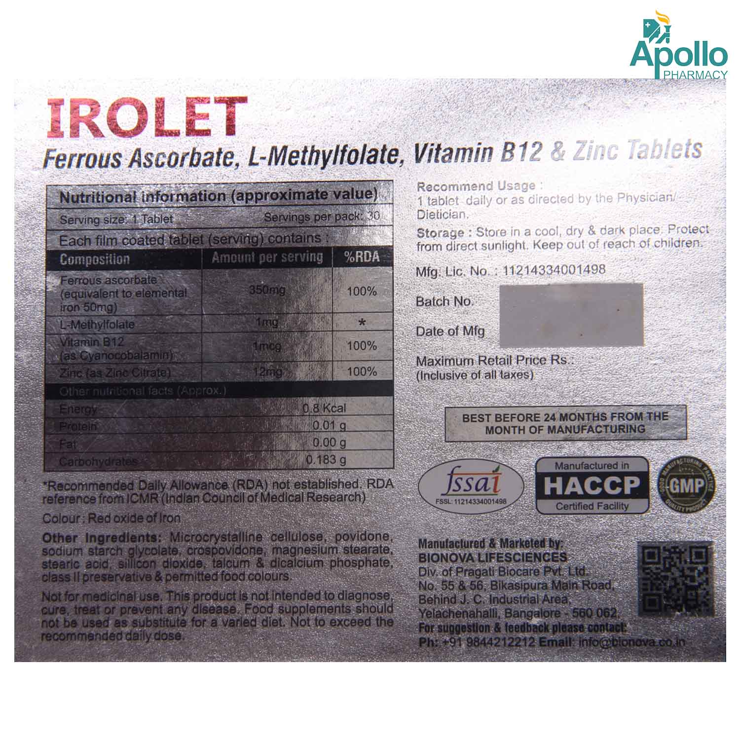 Irolet Tabltes 30's, Pack of 30 TABLETS Irolet Tabltes 30's, Pack of 30 TABLETS