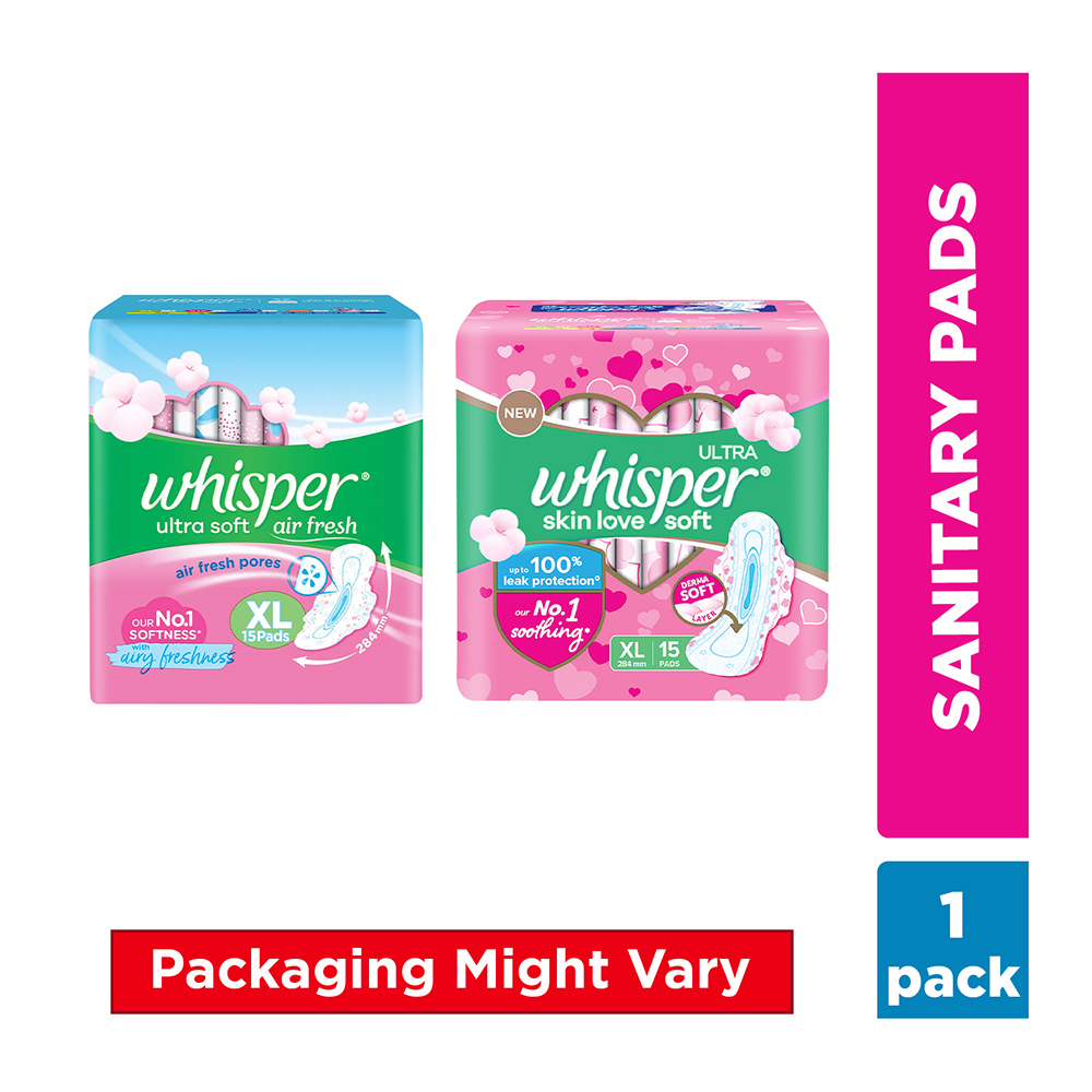 Whisper Ultra Skin Love Soft Sanitary Pads for Women XL, 15 Count, Pack of 1 Whisper Ultra Skin Love Soft Sanitary Pads for Women XL, 15 Count, Pack of 1