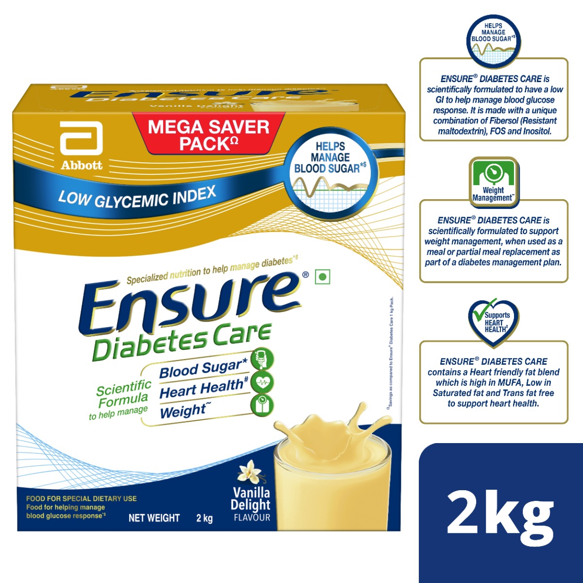 Ensure Diabetes Care Vanilla Delight Flavour Powder for Adults, 2 kg, Pack of 1 Ensure Diabetes Care Vanilla Delight Flavour Powder for Adults, 2 kg, Pack of 1