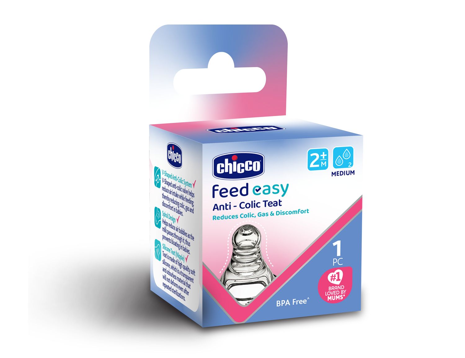 Chicco Feed Easy Anti-Colic Medium Flow Teat for 2+M Baby, 1 Count, Pack of 1