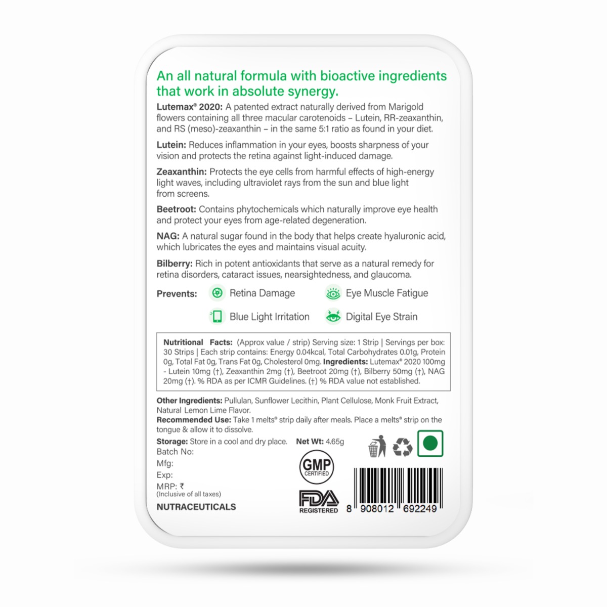 Wellbeing Nutrition Melts Eye Care Zesty Lime & Lemon Flavour, 30 Oral Strips, Pack of 1 Wellbeing Nutrition Melts Eye Care Zesty Lime & Lemon Flavour, 30 Oral Strips, Pack of 1