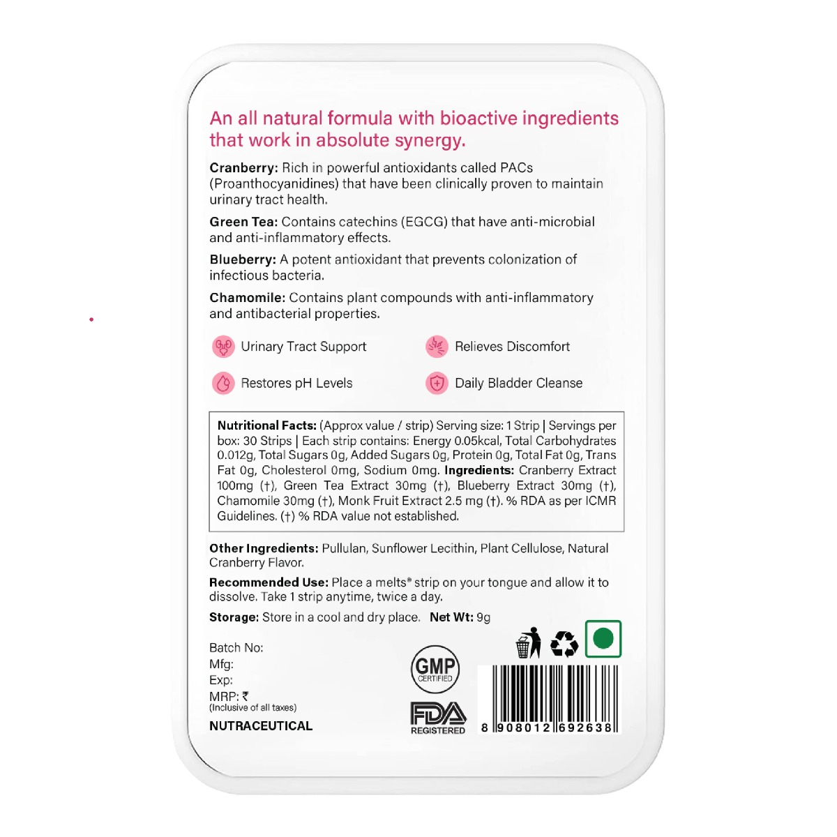Wellbeing Nutrition Melts into UTI Relief Cranberry Fusion Flavour, 30 Oral Strips, Pack of 1 Wellbeing Nutrition Melts into UTI Relief Cranberry Fusion Flavour, 30 Oral Strips, Pack of 1