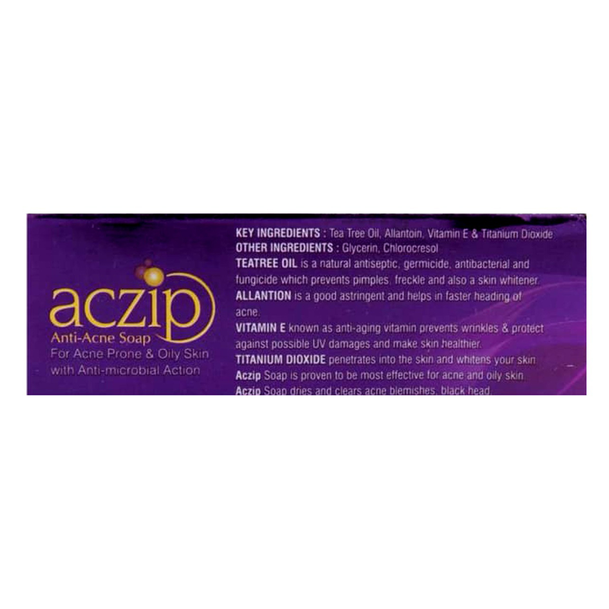 Aczip Soap 75 gm | Vitamin E, Allantoin, Tea Tree Oil & Titanium dioxide | Fight Acne, Blemishes , Blackhead | Anti Microbial Action | For Acne Prone & Oily Skin, Pack of 1 Aczip Soap 75 gm | Vitamin E, Allantoin, Tea Tree Oil & Titanium dioxide | Fight Acne, Blemishes , Blackhead | Anti Microbial Action | For Acne Prone & Oily Skin, Pack of 1
