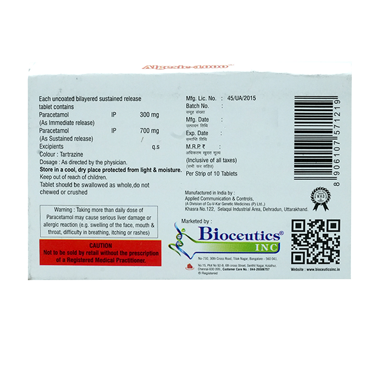 Algesic-1000 Tablet 10's, Pack of 10 TabletS Algesic-1000 Tablet 10's, Pack of 10 TabletS