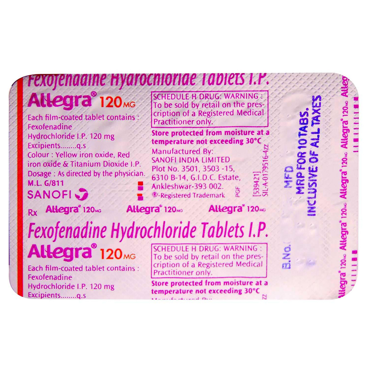 Allegra 120 mg Tablet 10's, Pack of 10 TABLETS Allegra 120 mg Tablet 10's, Pack of 10 TABLETS