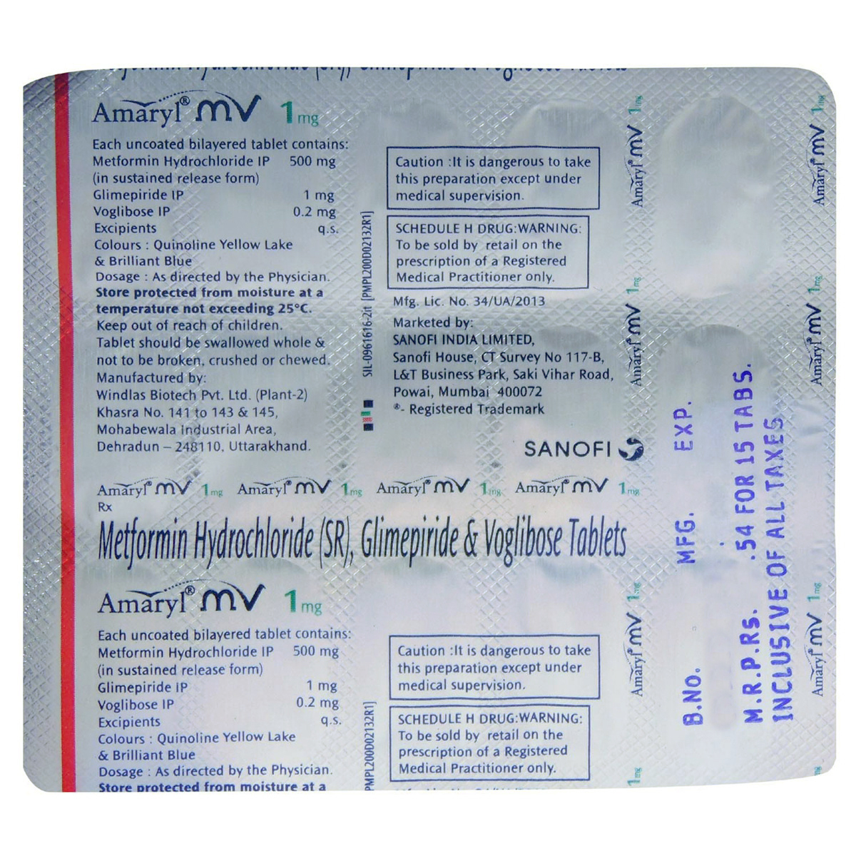 Amaryl MV 1 Tablet 15's, Pack of 15 TABLETS Amaryl MV 1 Tablet 15's, Pack of 15 TABLETS