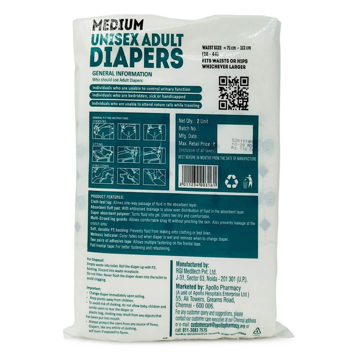 Apollo Life Unisex Adult Diapers Medium, 2 Count, Pack of 1 Apollo Life Unisex Adult Diapers Medium, 2 Count, Pack of 1