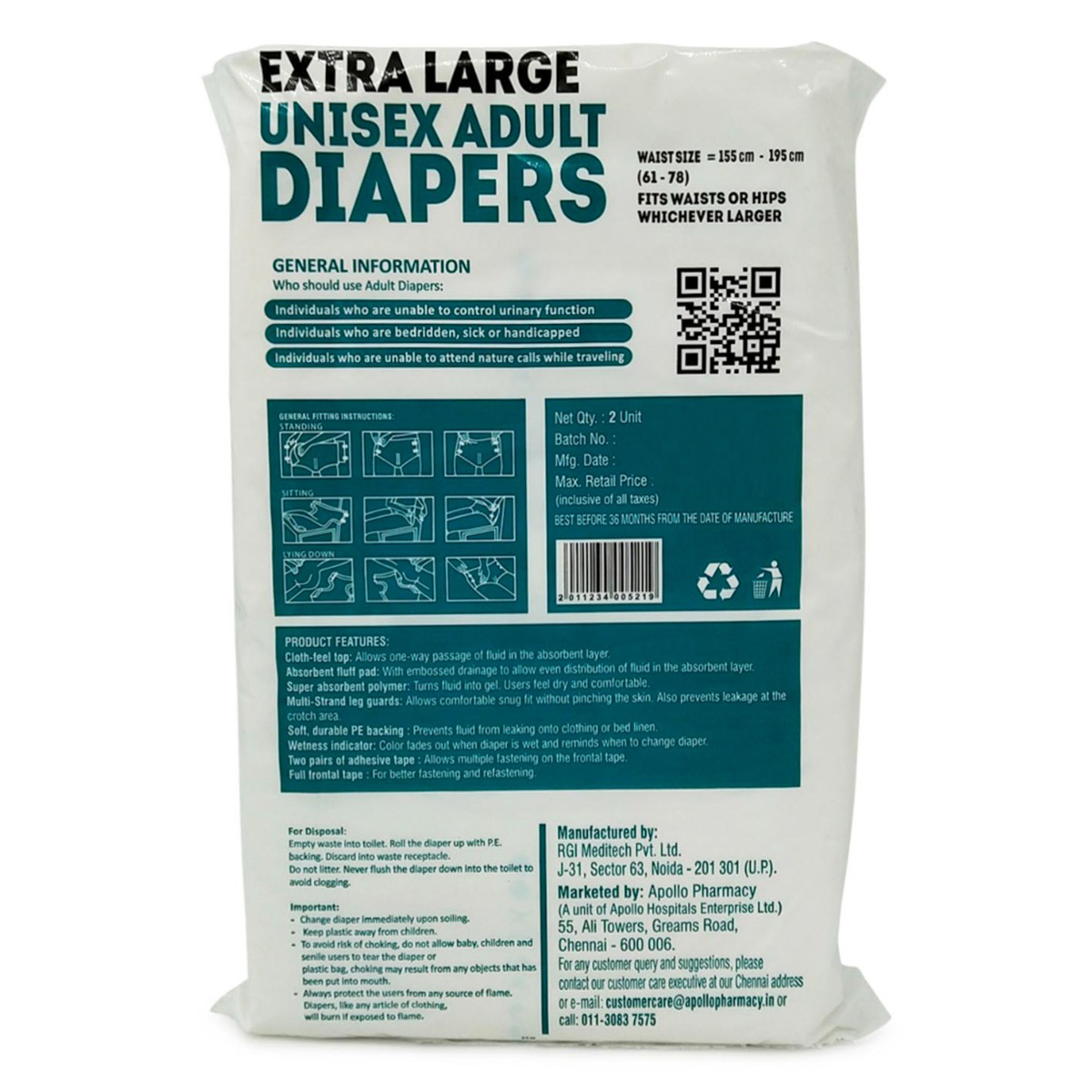 Apollo Life Unisex Adult Diapers XL, 2 Count, Pack of 1 Apollo Life Unisex Adult Diapers XL, 2 Count, Pack of 1