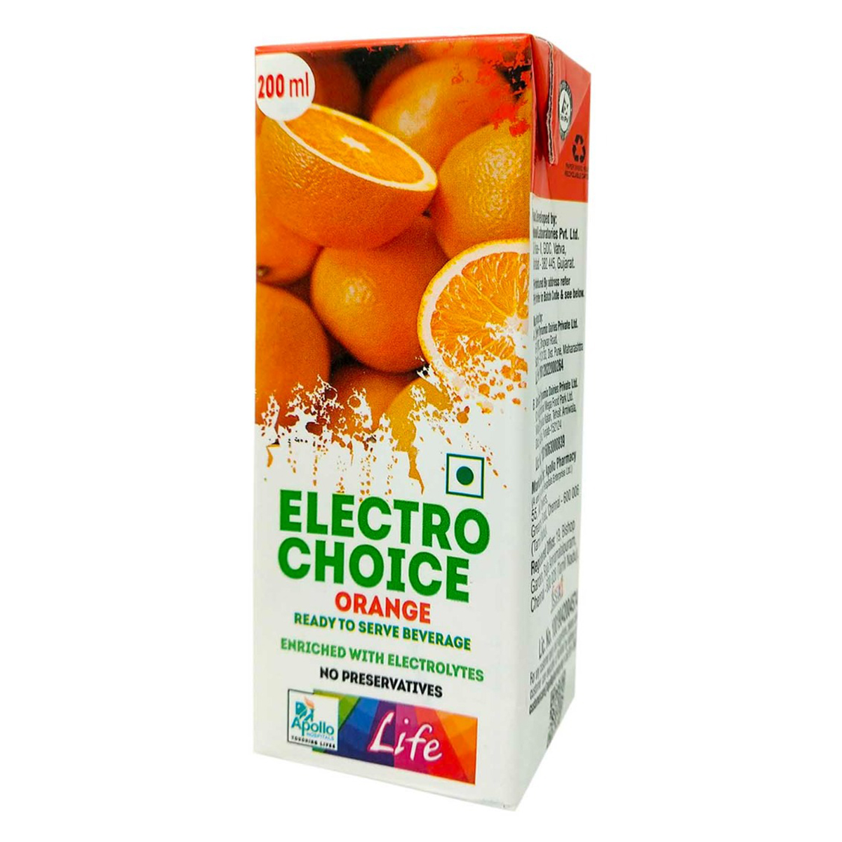 Apollo Life Electro Choice Orange Flavour Liquid 800 ml, (4x200 ml), Pack of 4