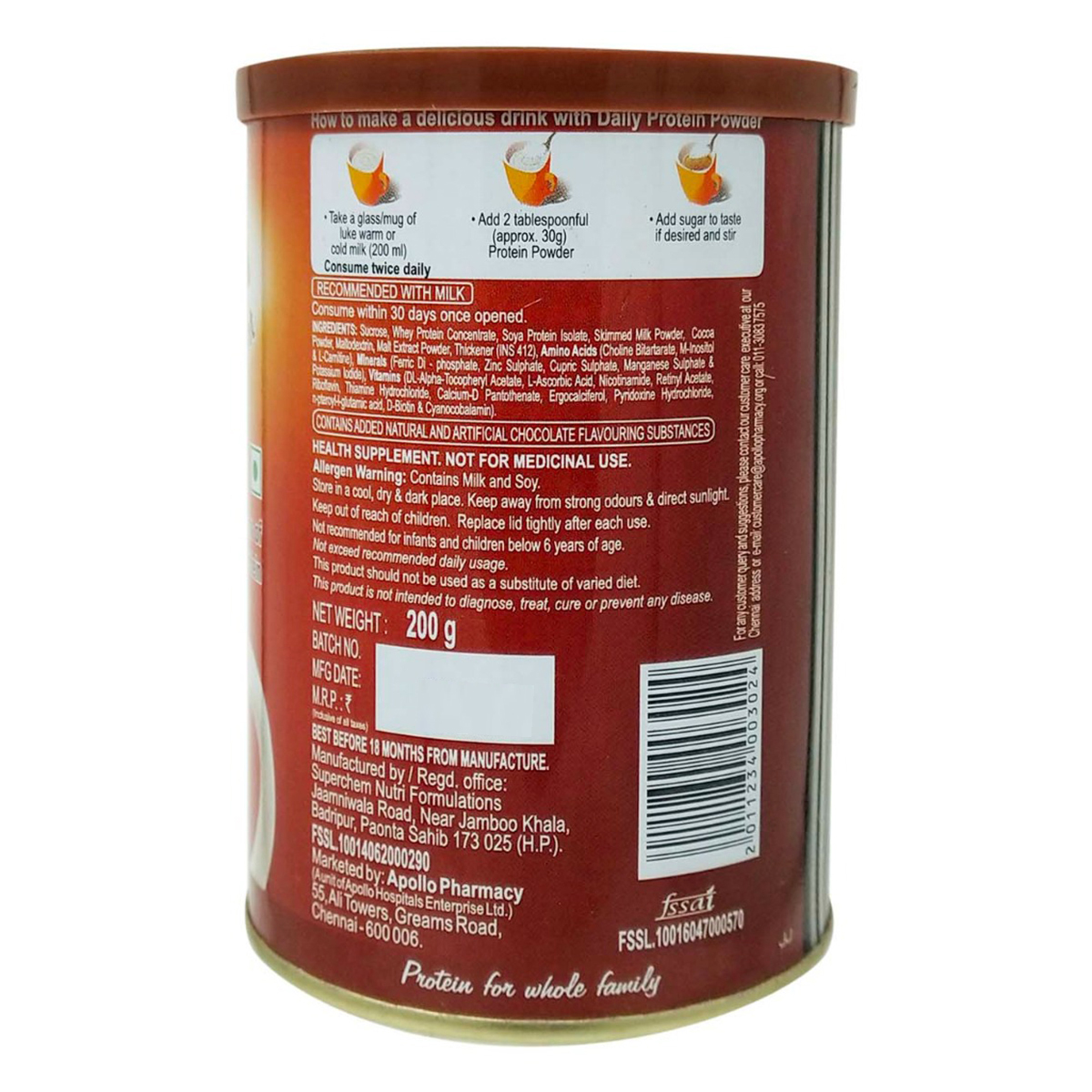 Apollo Pharmacy Daily Protein Chocolate Flavour Powder, 200 gm, Pack of 1 Apollo Pharmacy Daily Protein Chocolate Flavour Powder, 200 gm, Pack of 1