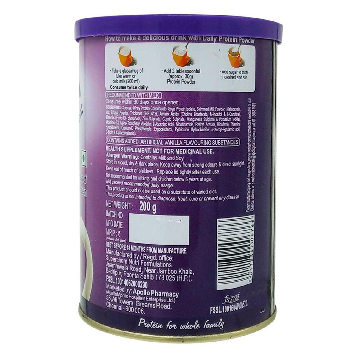 Apollo Pharmacy Daily Protein Vanilla Flavour Powder, 200 gm, Pack of 1 Apollo Pharmacy Daily Protein Vanilla Flavour Powder, 200 gm, Pack of 1