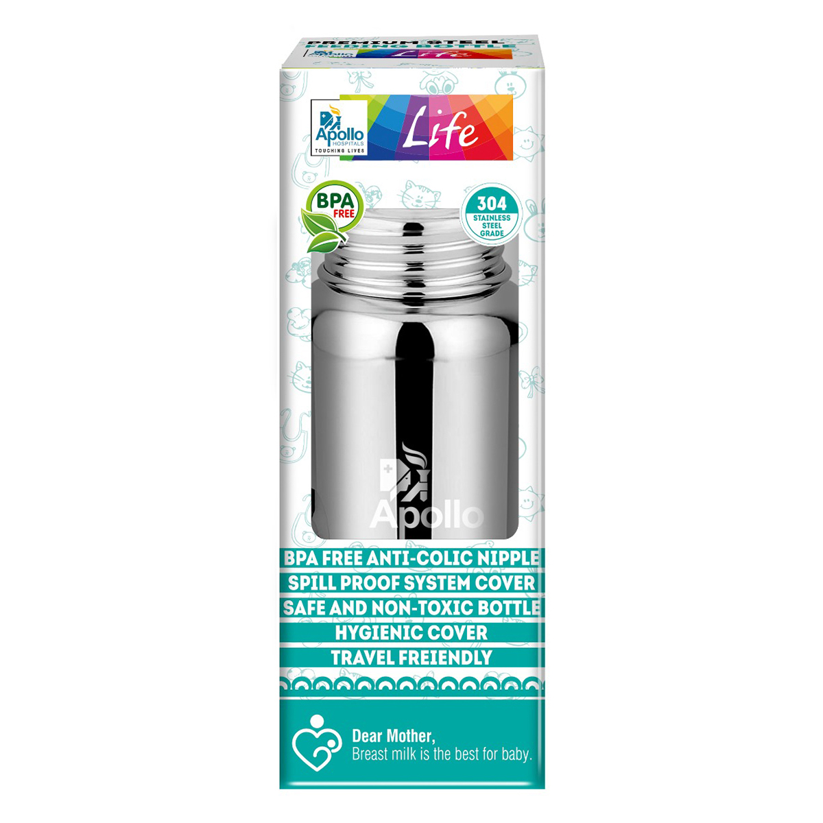 Apollo Life Premium Steel Feeding Bottle, 150 ml, Pack of 1