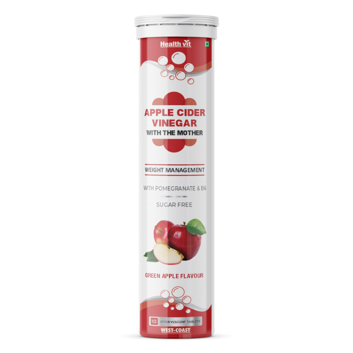 Healthvit Apple Cider Vinegar 500 mg Sugar Free Green Apple Flavour Effervescent, 10 Tablets, Pack of 1
