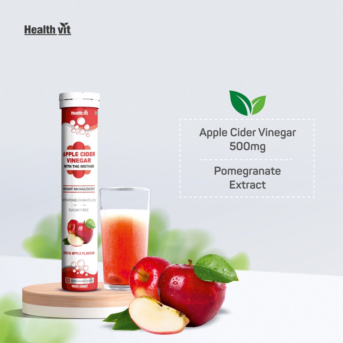 Healthvit Apple Cider Vinegar 500 mg Sugar Free Green Apple Flavour Effervescent, 10 Tablets, Pack of 1 Healthvit Apple Cider Vinegar 500 mg Sugar Free Green Apple Flavour Effervescent, 10 Tablets, Pack of 1