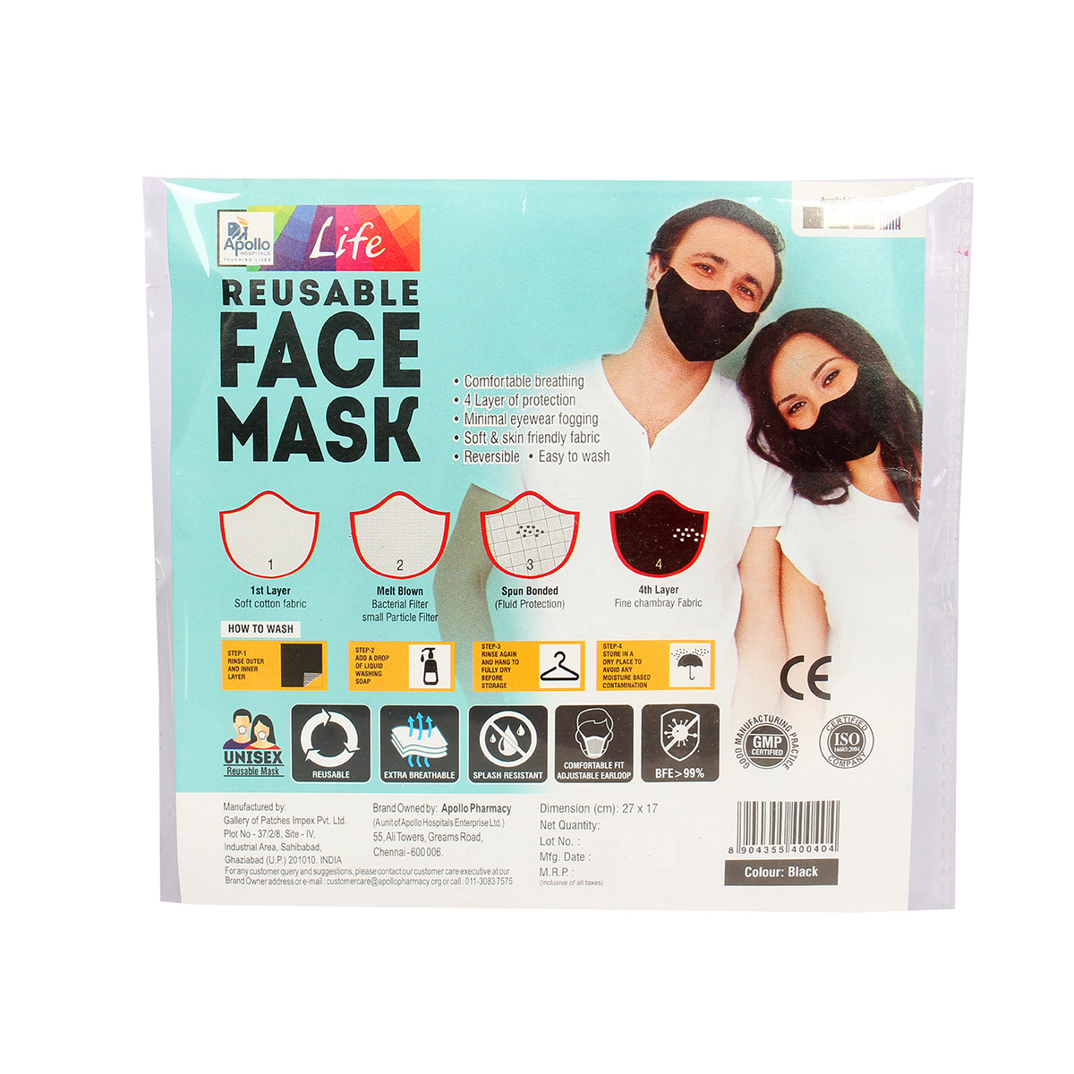 Apollo Life Reusable 4ply Black Face Mask, 2 Count, Pack of 2 Apollo Life Reusable 4ply Black Face Mask, 2 Count, Pack of 2