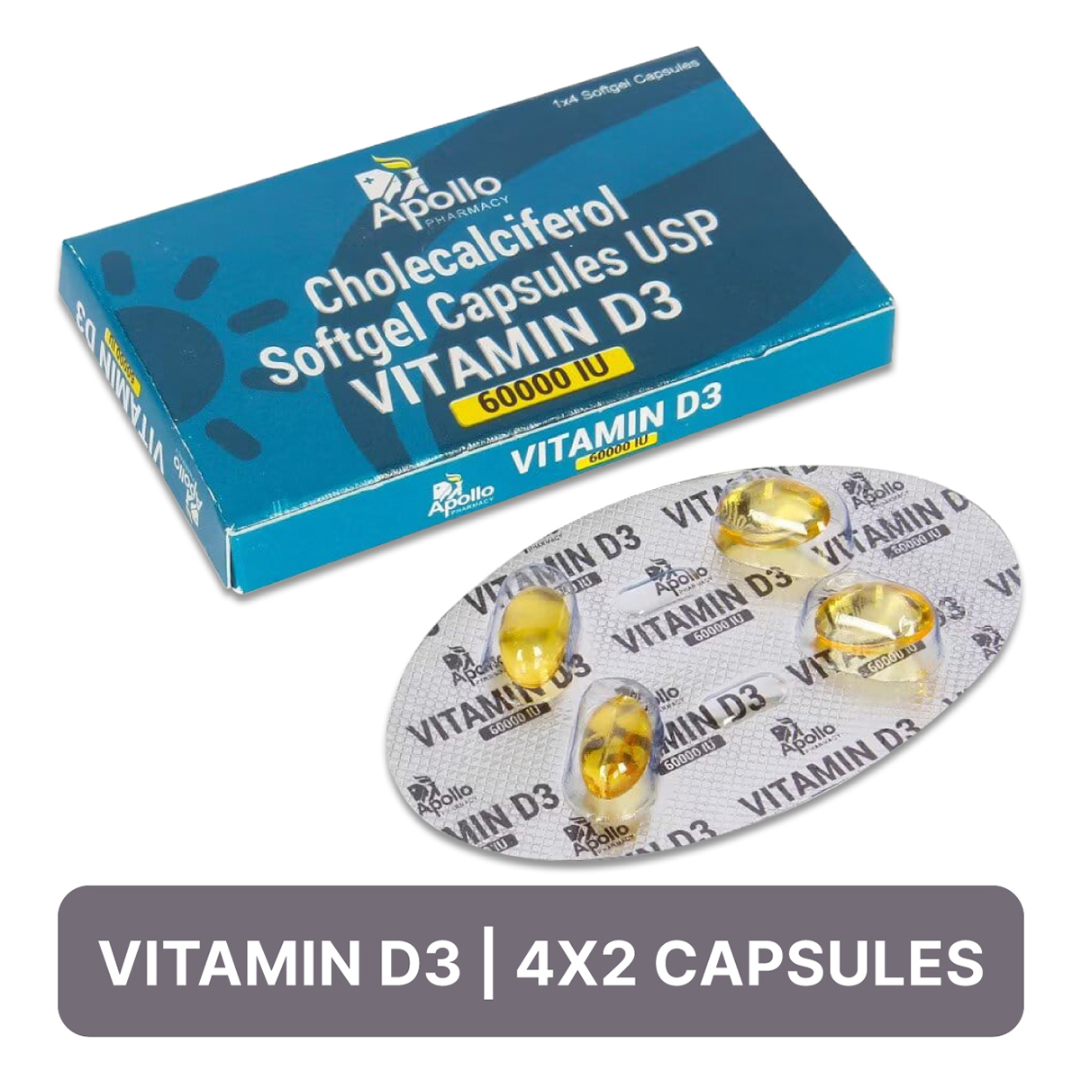 Apollo Pharmacy Vitamin D3 60000 IU, 4 Capsules, Pack of 6 Apollo Pharmacy Vitamin D3 60000 IU, 4 Capsules, Pack of 6