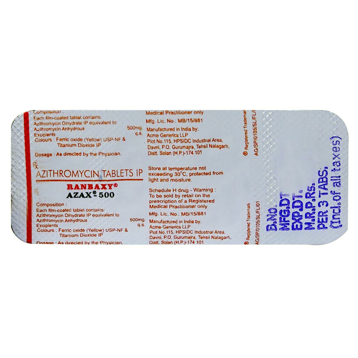 Azax-500 Tablet 3's, Pack of 3 TABLETS Azax-500 Tablet 3's, Pack of 3 TABLETS