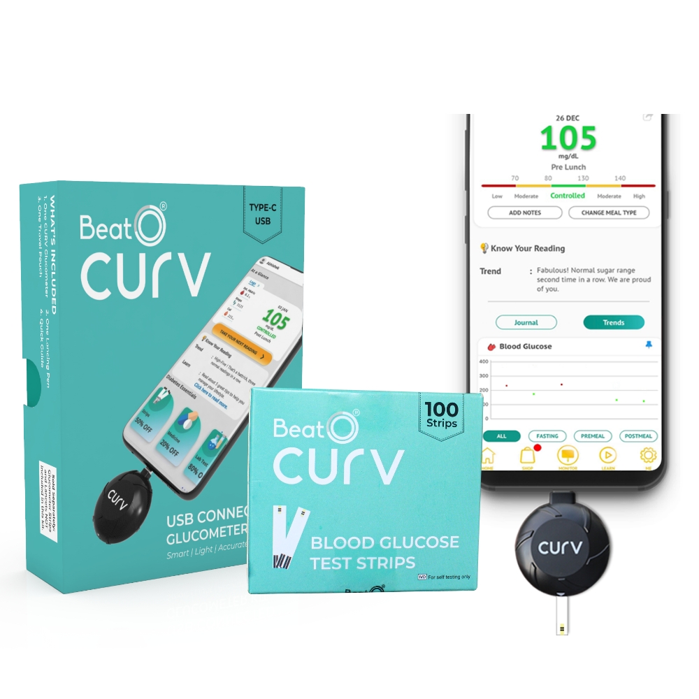 BeatO Curv Smartphone Connected Glucometer Kit with 100 Strips & 100 Lancets (Type-C USB), 1 Count + Free 10-Day Diabetes Care Reversal Program, Pack of 1 BeatO Curv Smartphone Connected Glucometer Kit with 100 Strips & 100 Lancets (Type-C USB), 1 Count + Free 10-Day Diabetes Care Reversal Program, Pack of 1