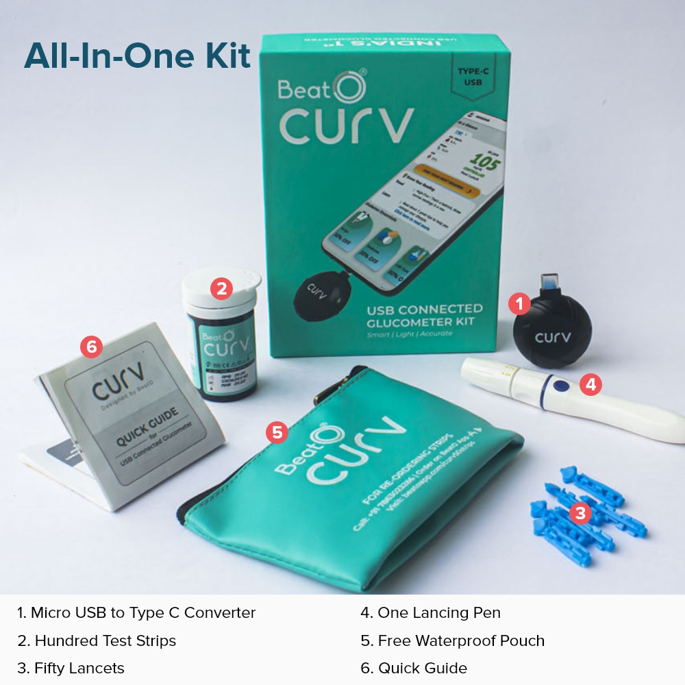 BeatO Curv Smartphone Connected Glucometer Kit with 100 Strips & 100 Lancets (Type-C USB), 1 Count + Free 10-Day Diabetes Care Reversal Program, Pack of 1 BeatO Curv Smartphone Connected Glucometer Kit with 100 Strips & 100 Lancets (Type-C USB), 1 Count + Free 10-Day Diabetes Care Reversal Program, Pack of 1