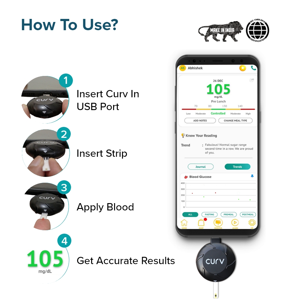 BeatO Curv Smartphone Connected Glucometer Kit with 100 Strips & 100 Lancets (Type-C USB), 1 Count + Free 10-Day Diabetes Care Reversal Program, Pack of 1 BeatO Curv Smartphone Connected Glucometer Kit with 100 Strips & 100 Lancets (Type-C USB), 1 Count + Free 10-Day Diabetes Care Reversal Program, Pack of 1