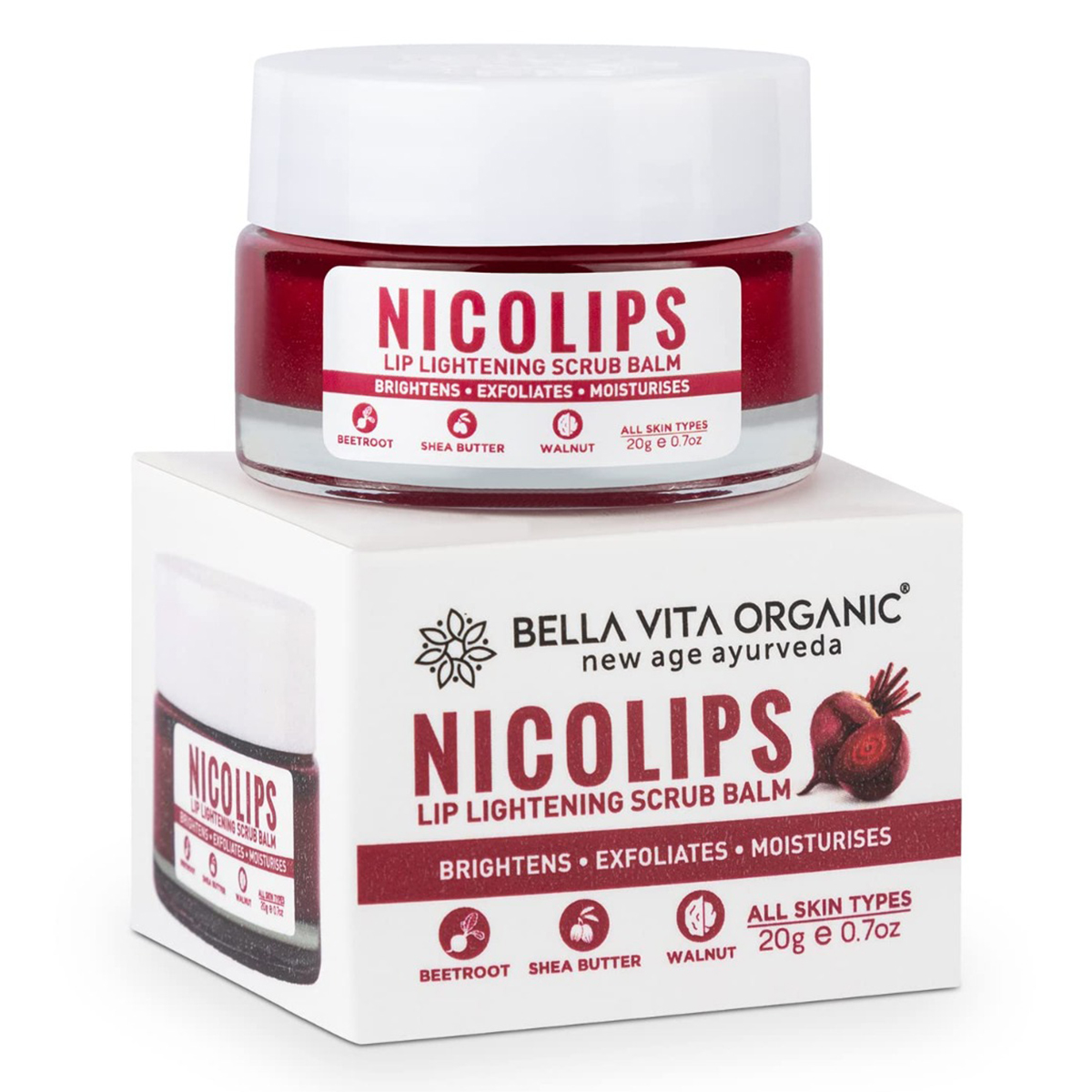 Bella Vita Organic NicoLips Lip Lightening Scrub Balm 20 gm | Beetroot, Shea Butter & Walnut | Lightens, Moisturises & Repairs Dry, Damaged & Chapped Lips | For Men & Women | For All Skin Type, Pack of 1 Bella Vita Organic NicoLips Lip Lightening Scrub Balm 20 gm | Beetroot, Shea Butter & Walnut | Lightens, Moisturises & Repairs Dry, Damaged & Chapped Lips | For Men & Women | For All Skin Type, Pack of 1