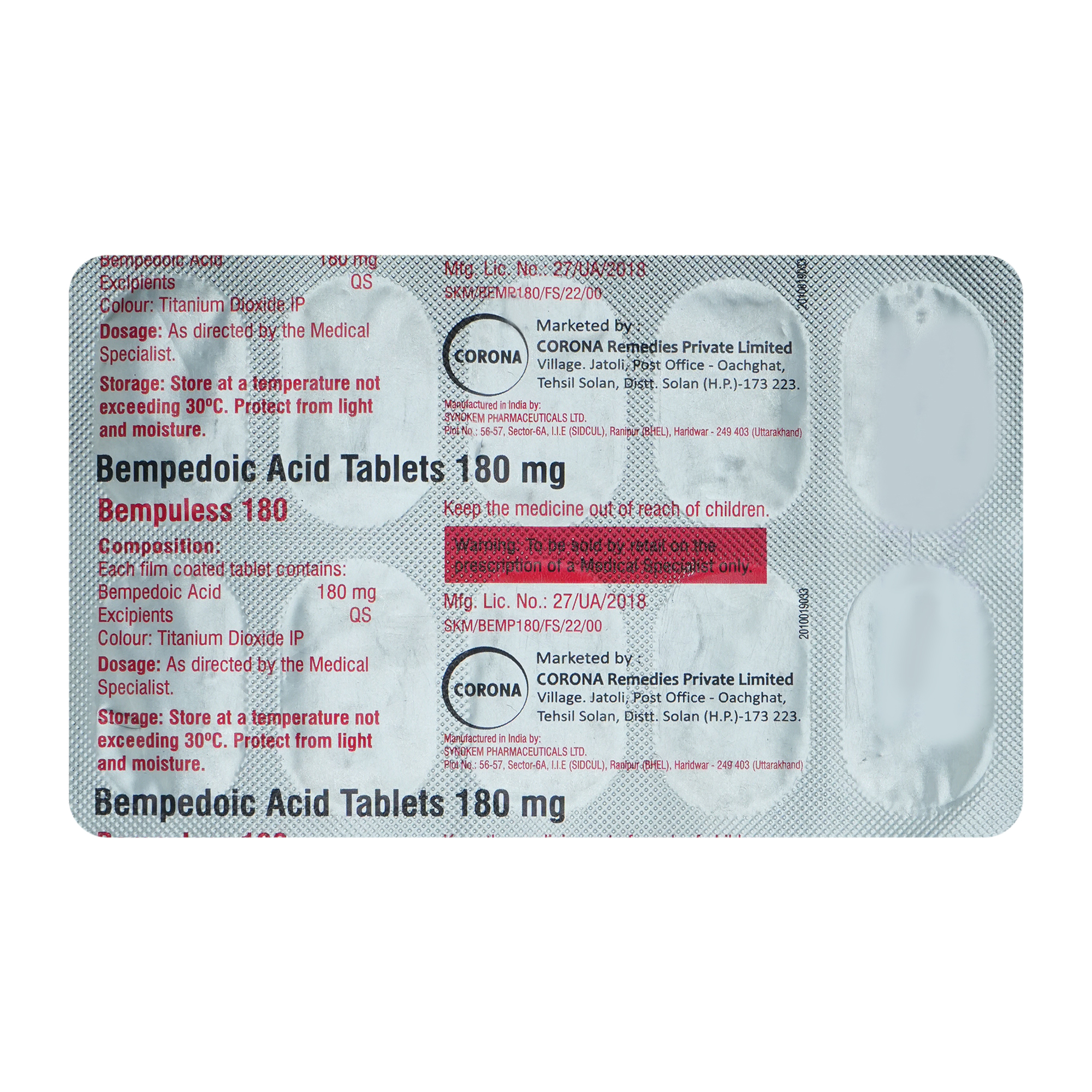 Bempuless 180 Tablet 10's, Pack of 10 TabletS Bempuless 180 Tablet 10's, Pack of 10 TabletS