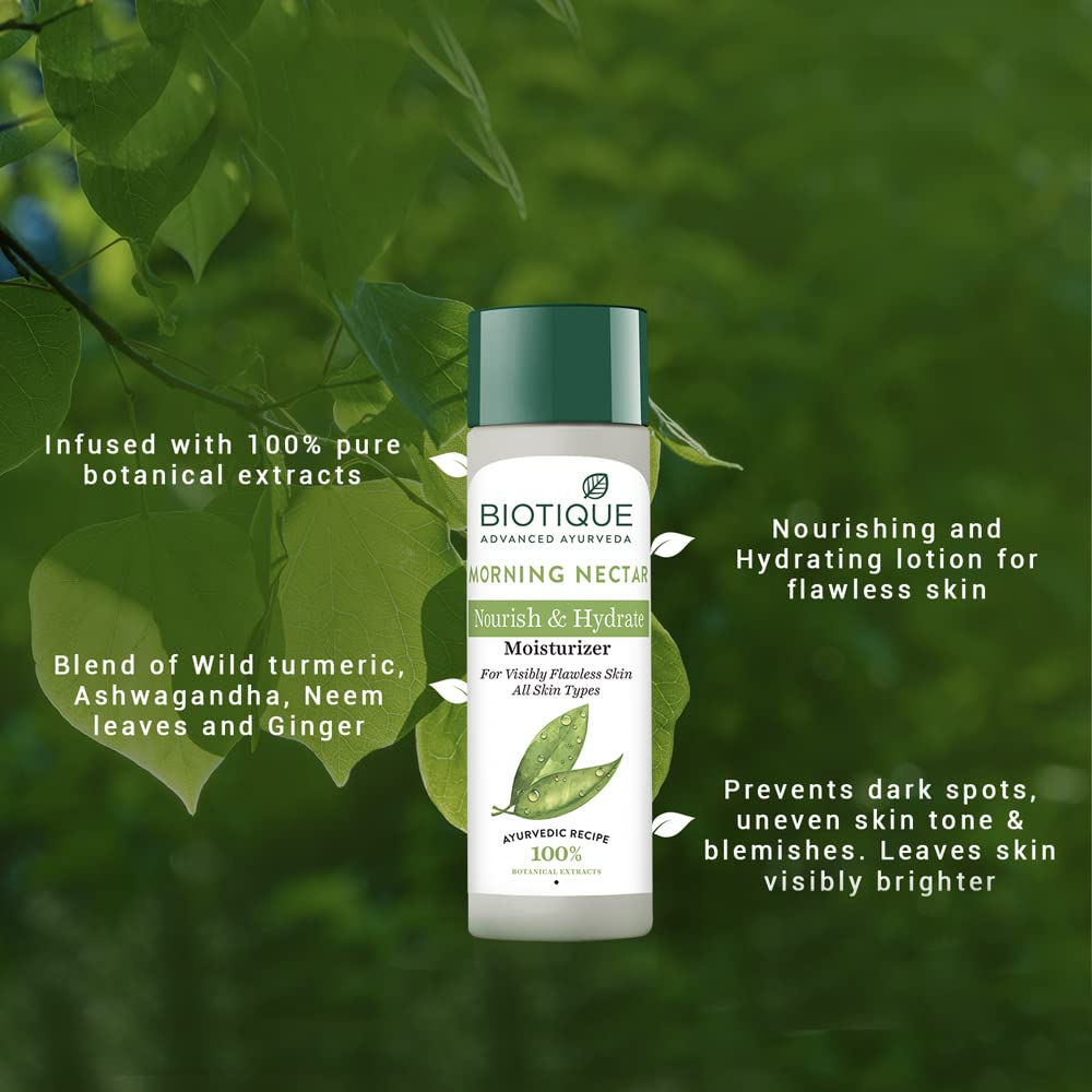 Biotique Morning Nectar Nourish & Hydrate Moisturizer 190 ml | Wild Turmeric, Ashwagandha, Neem Leaves & Ginegr | Removes Blemishes & Dark Spots | Helps In Nourishing & Hydrating | For Visibly Flawless Skin | 100% Botanical Extarct | For All Skin Type, Pack of 1 Biotique Morning Nectar Nourish & Hydrate Moisturizer 190 ml | Wild Turmeric, Ashwagandha, Neem Leaves & Ginegr | Removes Blemishes & Dark Spots | Helps In Nourishing & Hydrating | For Visibly Flawless Skin | 100% Botanical Extarct | For All Skin Type, Pack of 1