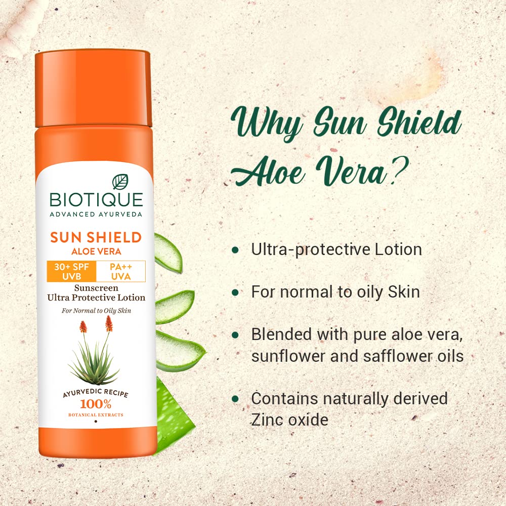 Biotique Sun Shield Aloevera 30+ SPF UVB Sunscreen Ultra Proctective Body Lotion, 120 ml, Pack of 1 Biotique Sun Shield Aloevera 30+ SPF UVB Sunscreen Ultra Proctective Body Lotion, 120 ml, Pack of 1