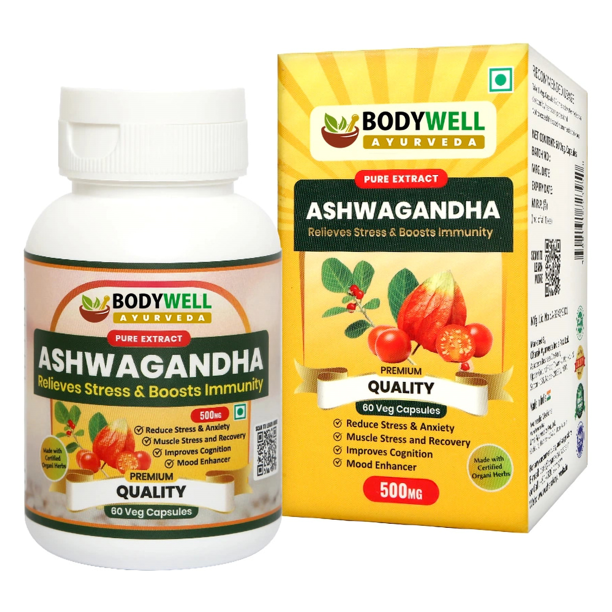 Bodywell Ashwagandha, 500 mg, 60 Veg Capsules, Pack of 1 Bodywell Ashwagandha, 500 mg, 60 Veg Capsules, Pack of 1