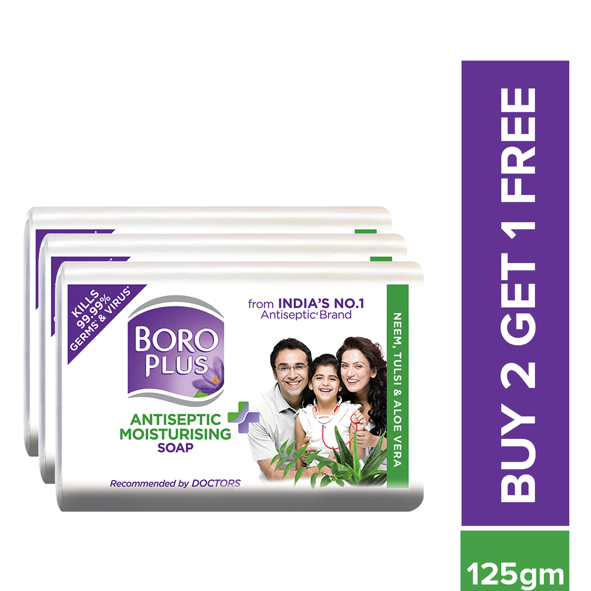 Boroplus Antiseptic + Moisturising Soap With Neem, Tulsi & Aloe Vera, 125 gm (Buy 2 Get 1 Free), Pack of 1 Boroplus Antiseptic + Moisturising Soap With Neem, Tulsi & Aloe Vera, 125 gm (Buy 2 Get 1 Free), Pack of 1