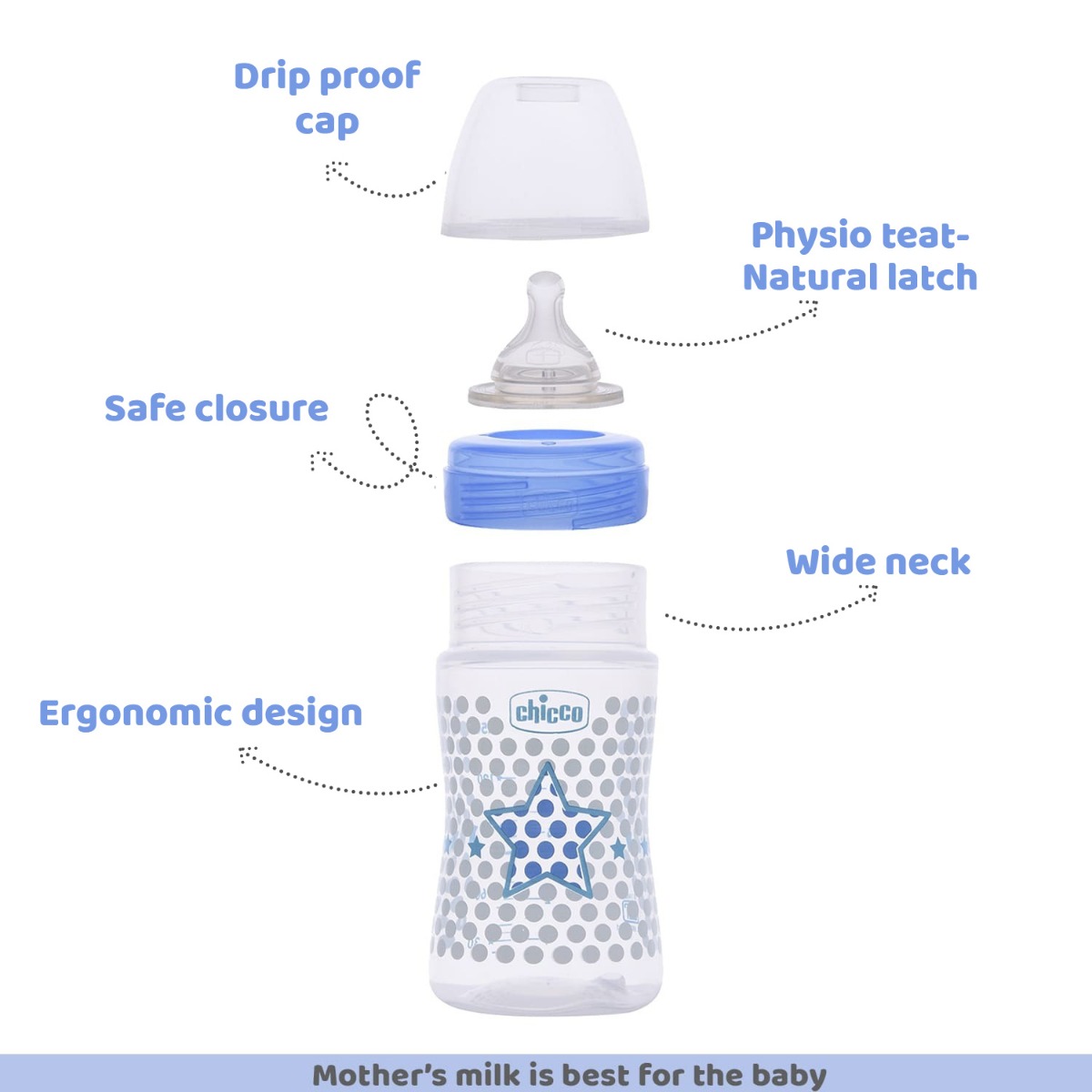 Chicco Well-Being Blue Feeding Bottle, 150 ml, Pack of 1 Chicco Well-Being Blue Feeding Bottle, 150 ml, Pack of 1