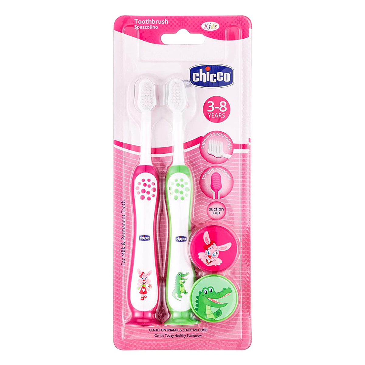 Chicco Soft Pink & Green Toothbrush for 3-8 Year Kids, 2 Count, Pack of 1 Chicco Soft Pink & Green Toothbrush for 3-8 Year Kids, 2 Count, Pack of 1