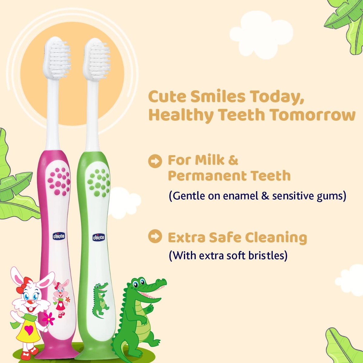 Chicco Soft Pink & Green Toothbrush for 3-8 Year Kids, 2 Count, Pack of 1 Chicco Soft Pink & Green Toothbrush for 3-8 Year Kids, 2 Count, Pack of 1