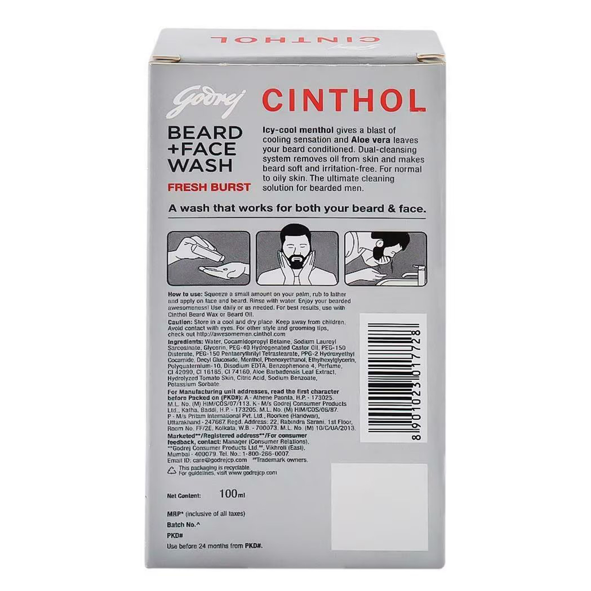 Cinthol Fresh Burst Beard + Face Wash 100 ml | With Icy Cool Menthol | Removes Oil | Makes Beard Soft & Irritation | With Dual Cleansing System | For Men | For Normal To Oily Skin, Pack of 1 Cinthol Fresh Burst Beard + Face Wash 100 ml | With Icy Cool Menthol | Removes Oil | Makes Beard Soft & Irritation | With Dual Cleansing System | For Men | For Normal To Oily Skin, Pack of 1