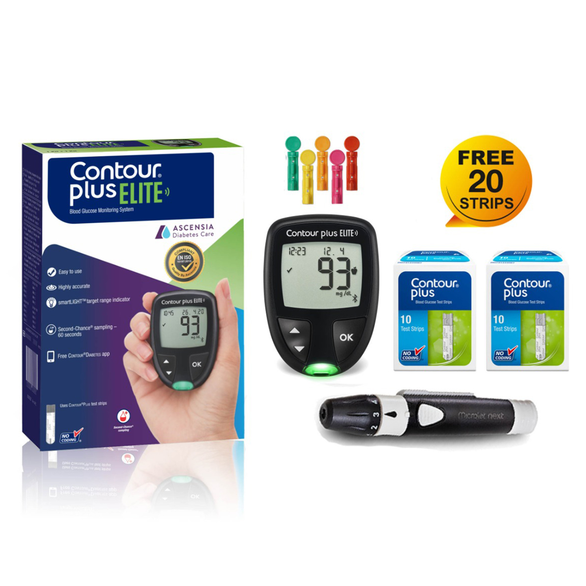 Contour Plus Elite Blood Glucose Monitoring System with Free 20 Strips, 1 Kit, Pack of 1 Contour Plus Elite Blood Glucose Monitoring System with Free 20 Strips, 1 Kit, Pack of 1