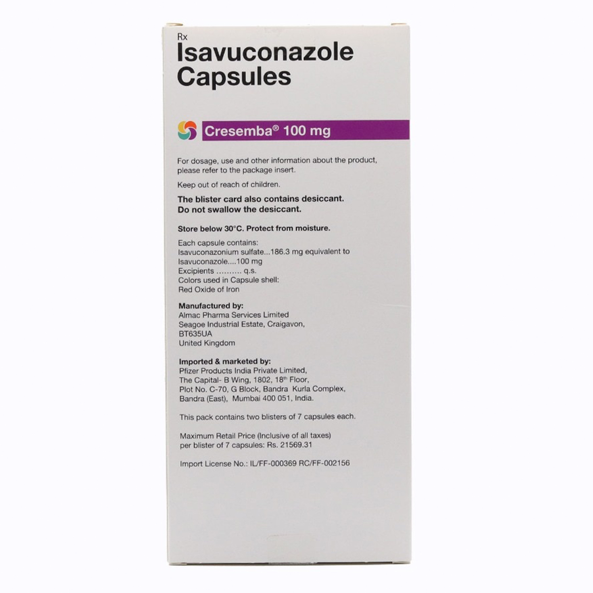Cresemba 100 mg Capsule 7's, Pack of 7 CapsuleS Cresemba 100 mg Capsule 7's, Pack of 7 CapsuleS