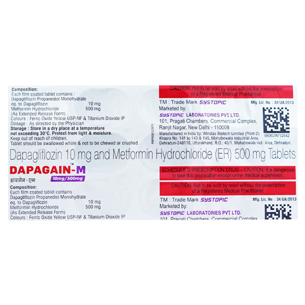 Dapagain-M 10/500 mg Tablet 15's, Pack of 15 TabletS Dapagain-M 10/500 mg Tablet 15's, Pack of 15 TabletS