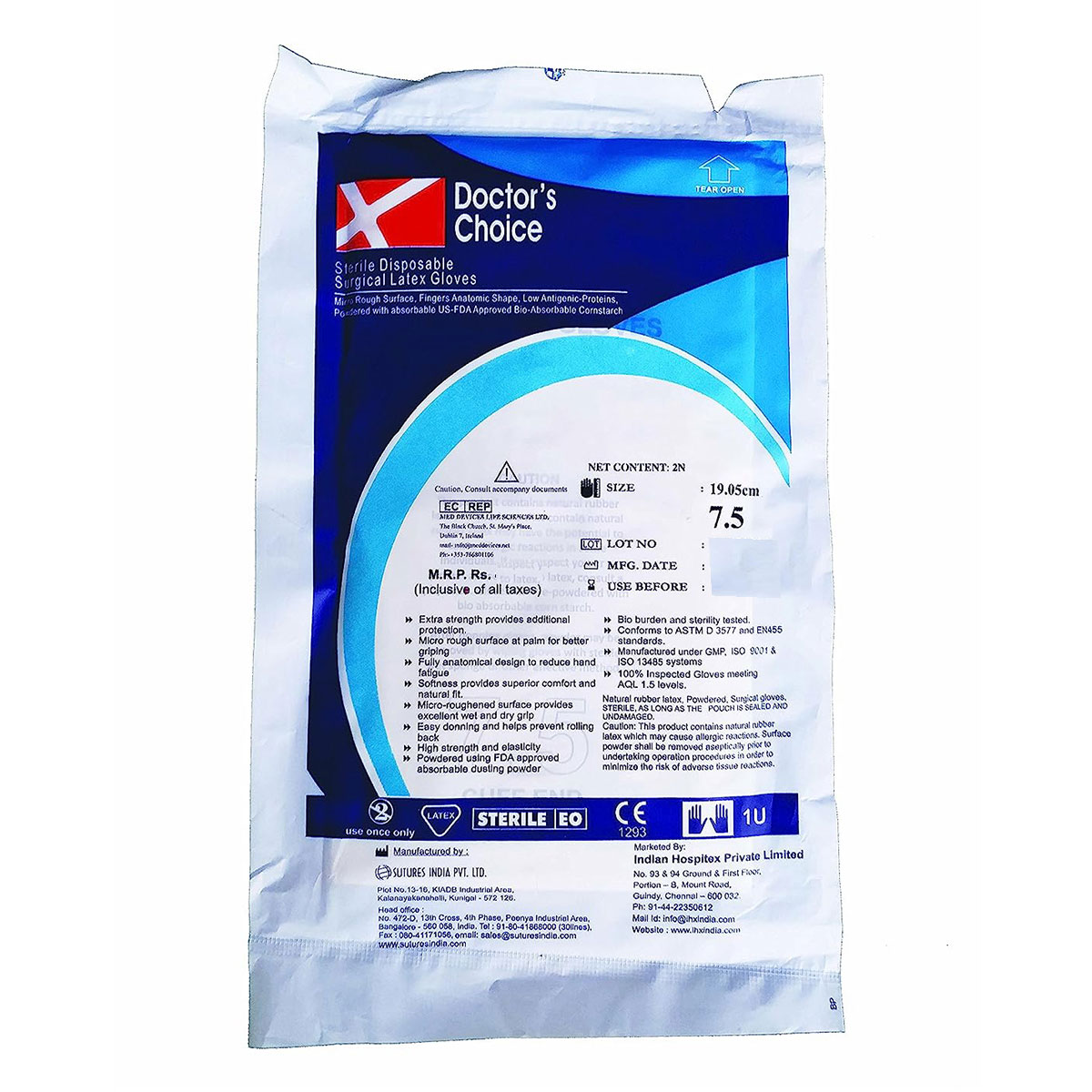 Doctor's Choice Sterile Disposable Surgical Latex Gloves Size-7. 5, 1 Pair, Pack of 1