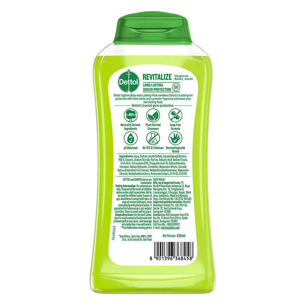 Dettol Revitalize Body Wash 250 ml | Honeydew Melon & Cucumber | Odour Protection Upto 12 Hrs | pH Balanced | Soap Free Formula | IMA Recomended, Pack of 1 Dettol Revitalize Body Wash 250 ml | Honeydew Melon & Cucumber | Odour Protection Upto 12 Hrs | pH Balanced | Soap Free Formula | IMA Recomended, Pack of 1
