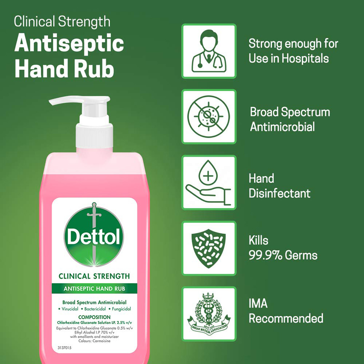 Dettol Antiseptic Hand Rub 500 ml | Broad Spectrum Antimicrobial | Kills 99.9% Germs, Pack of 1 Dettol Antiseptic Hand Rub 500 ml | Broad Spectrum Antimicrobial | Kills 99.9% Germs, Pack of 1