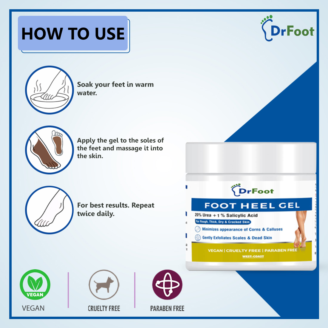 Dr Foot Foot Heel Gel 100 gm | Urea & Salicyic Acid | Gently Exfoliates Dead Cells & Scales | Reduces Corn & Calluses | For Rough, Thick, Dry & Cracked Feet, Pack of 1 Dr Foot Foot Heel Gel 100 gm | Urea & Salicyic Acid | Gently Exfoliates Dead Cells & Scales | Reduces Corn & Calluses | For Rough, Thick, Dry & Cracked Feet, Pack of 1
