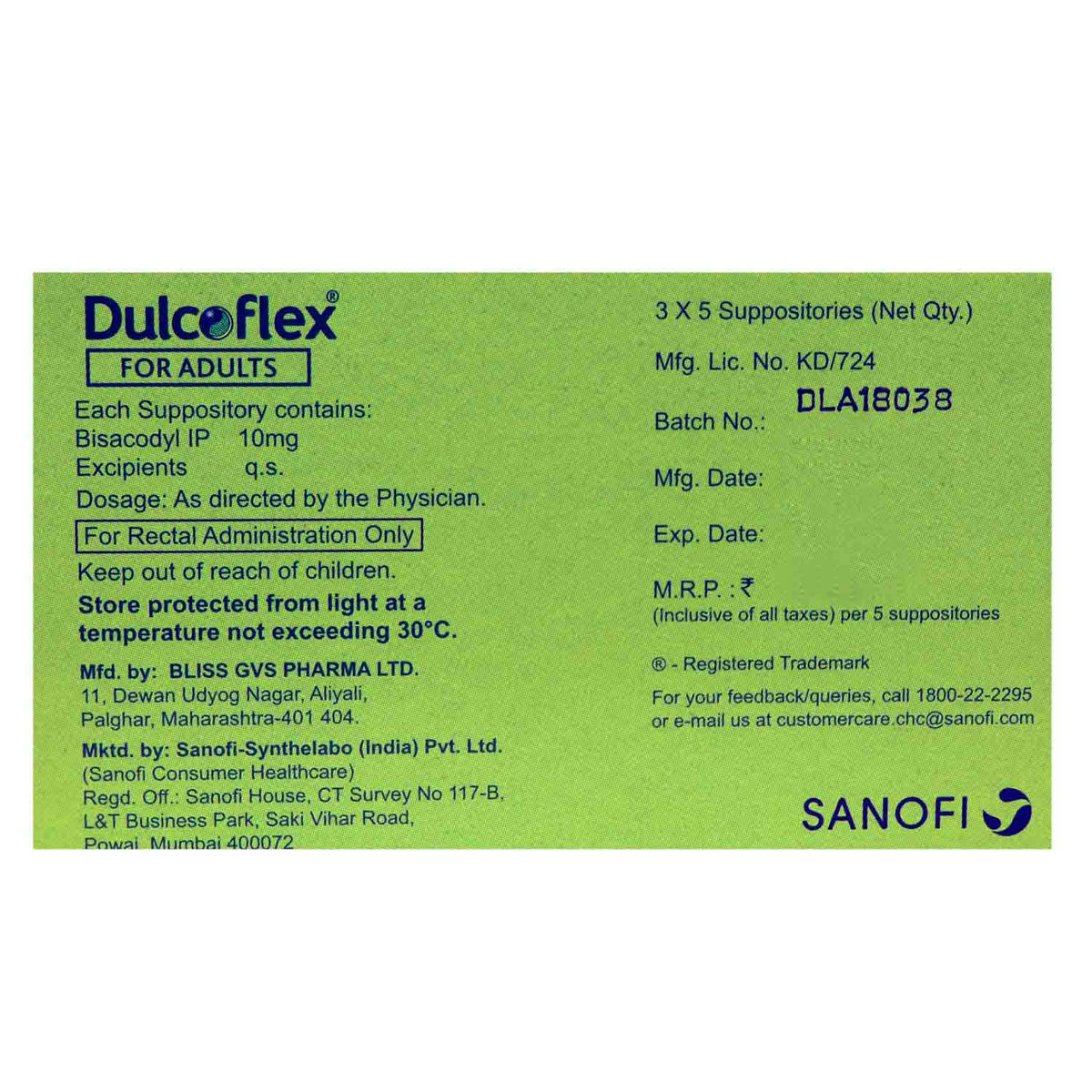 Dulcoflex 10 mg Adults Suppositories 5's, Pack of 5 SUPPOSITORYS Dulcoflex 10 mg Adults Suppositories 5's, Pack of 5 SUPPOSITORYS
