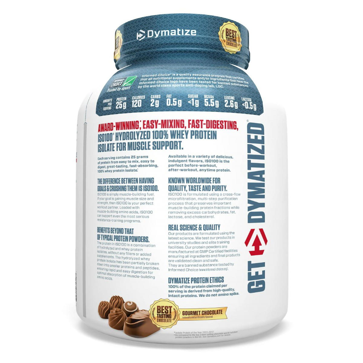 Dymatize Iso-100 Hydrolyzed 100% Whey Protein Isolate Gourmet Chocolate Flavour Powder, 5 lbs, Pack of 1 Dymatize Iso-100 Hydrolyzed 100% Whey Protein Isolate Gourmet Chocolate Flavour Powder, 5 lbs, Pack of 1