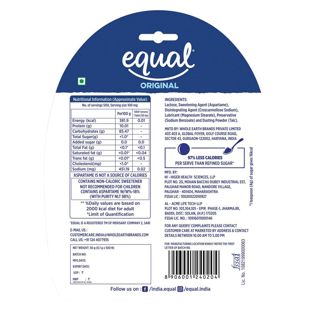 Equal Original Zero Calorie Sweetener, 500 Tablets, Pack of 1 Equal Original Zero Calorie Sweetener, 500 Tablets, Pack of 1