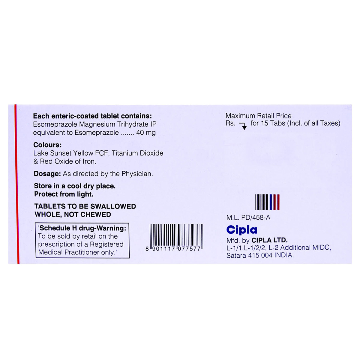 Esomac 40 Tablet 15's, Pack of 15 TABLETS Esomac 40 Tablet 15's, Pack of 15 TABLETS