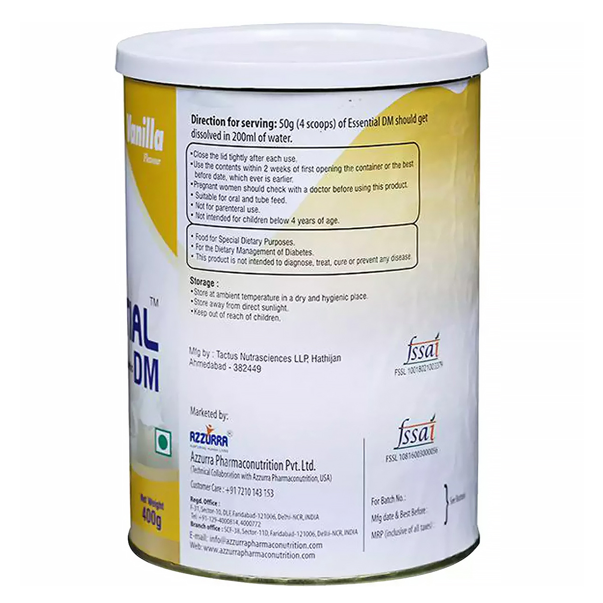Azzurra Essential DM Vanilla Flavour Nutrition Powder for Diabetics, 400 gm Tin, Pack of 1 Azzurra Essential DM Vanilla Flavour Nutrition Powder for Diabetics, 400 gm Tin, Pack of 1